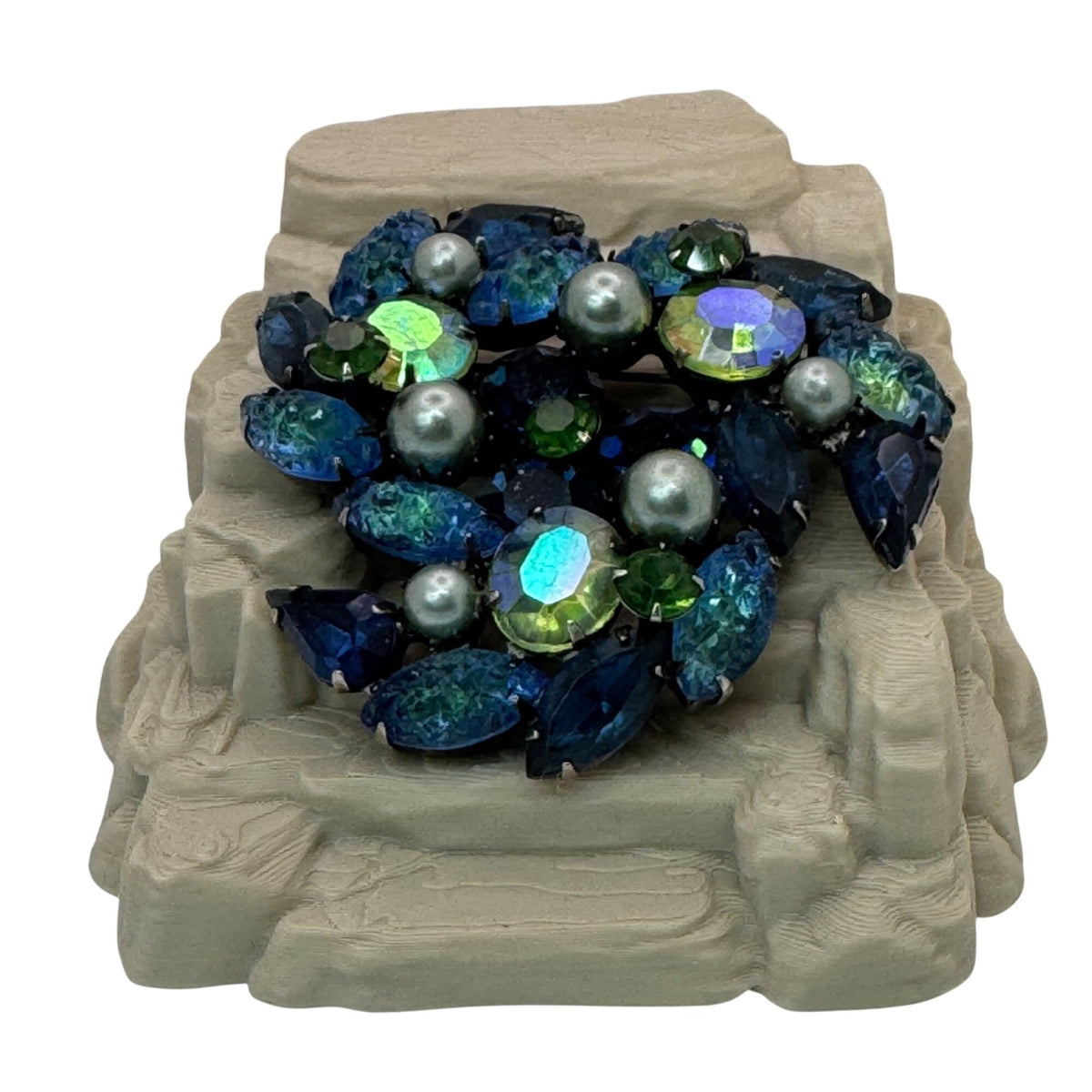 Molded Glass AB Kramer Blue & Green Rhinestone Brooch Pearls Aurora Borealis 2"