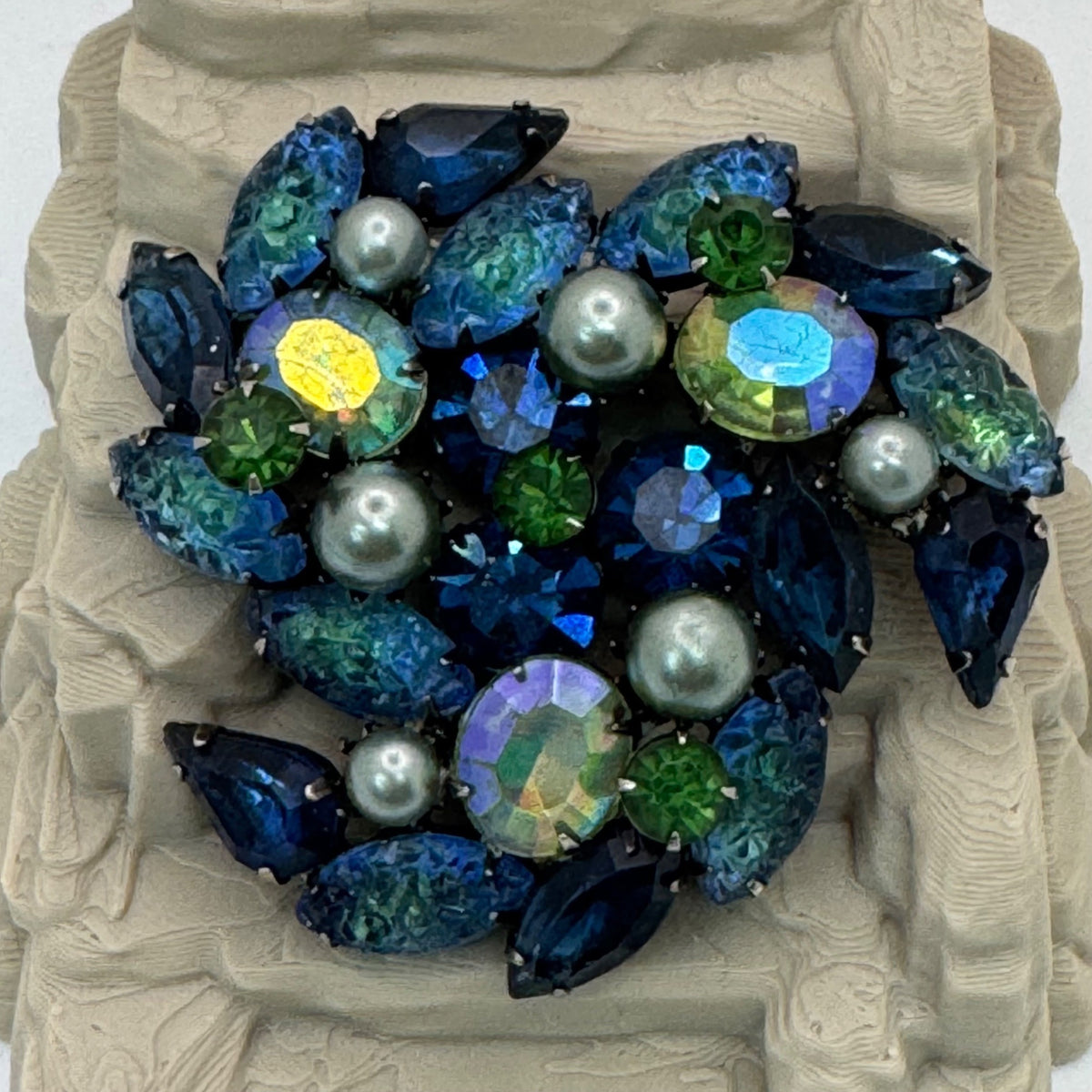 Molded Glass AB Kramer Blue & Green Rhinestone Brooch Pearls Aurora Borealis 2"