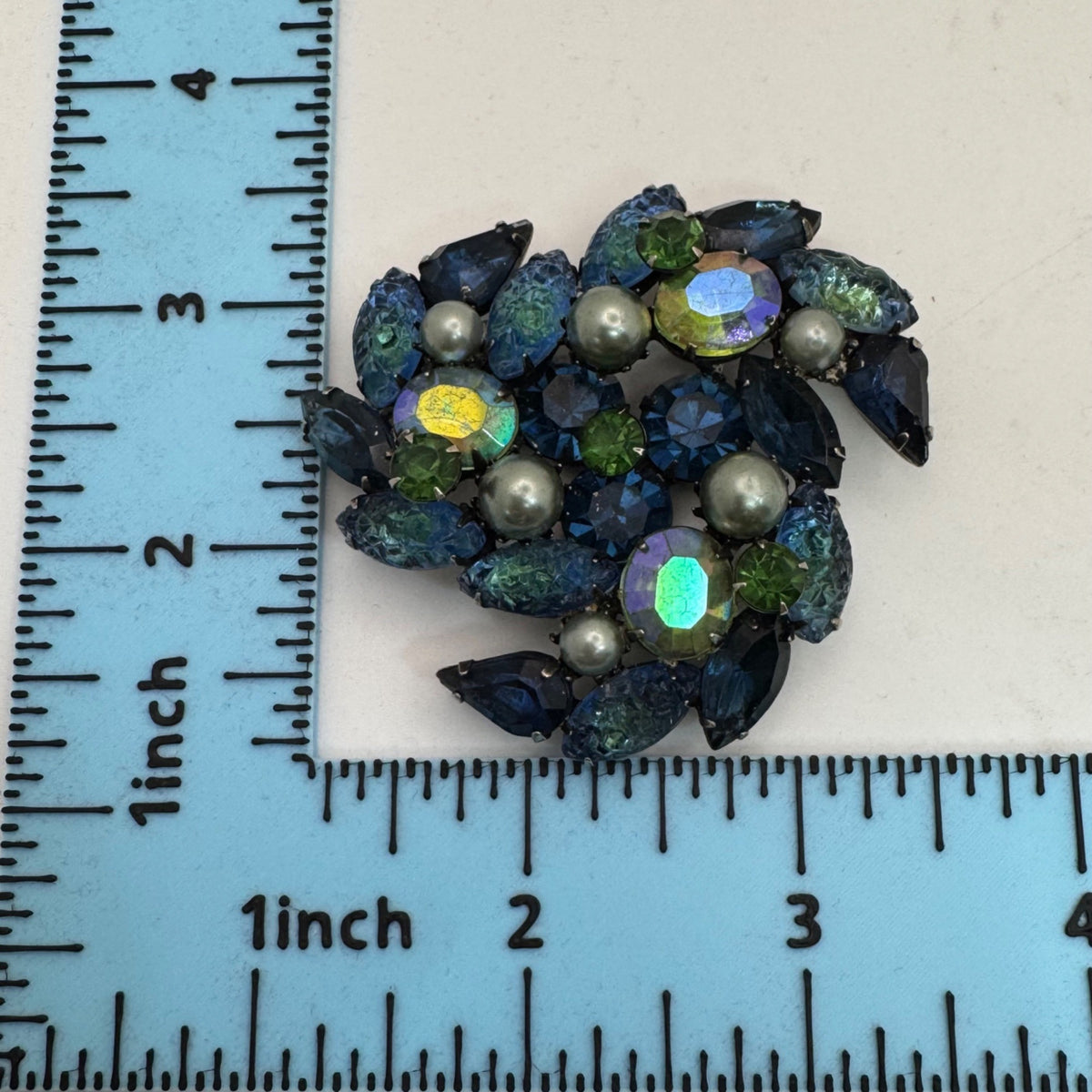 Molded Glass AB Kramer Blue & Green Rhinestone Brooch Pearls Aurora Borealis 2"