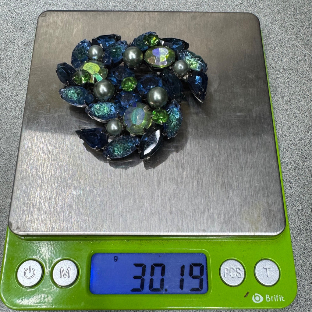 Molded Glass AB Kramer Blue & Green Rhinestone Brooch Pearls Aurora Borealis 2"
