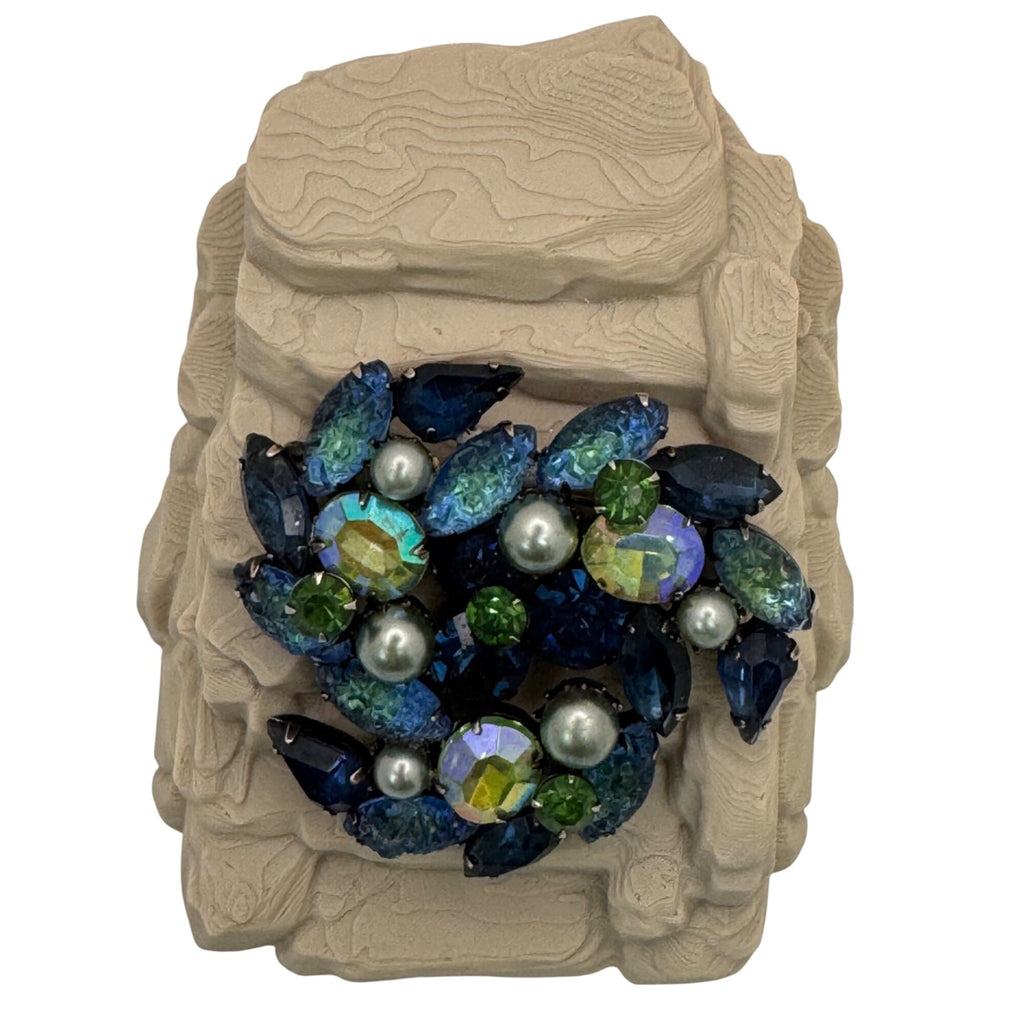 Molded Glass AB Kramer Blue & Green Rhinestone Brooch Pearls Aurora Borealis 2"