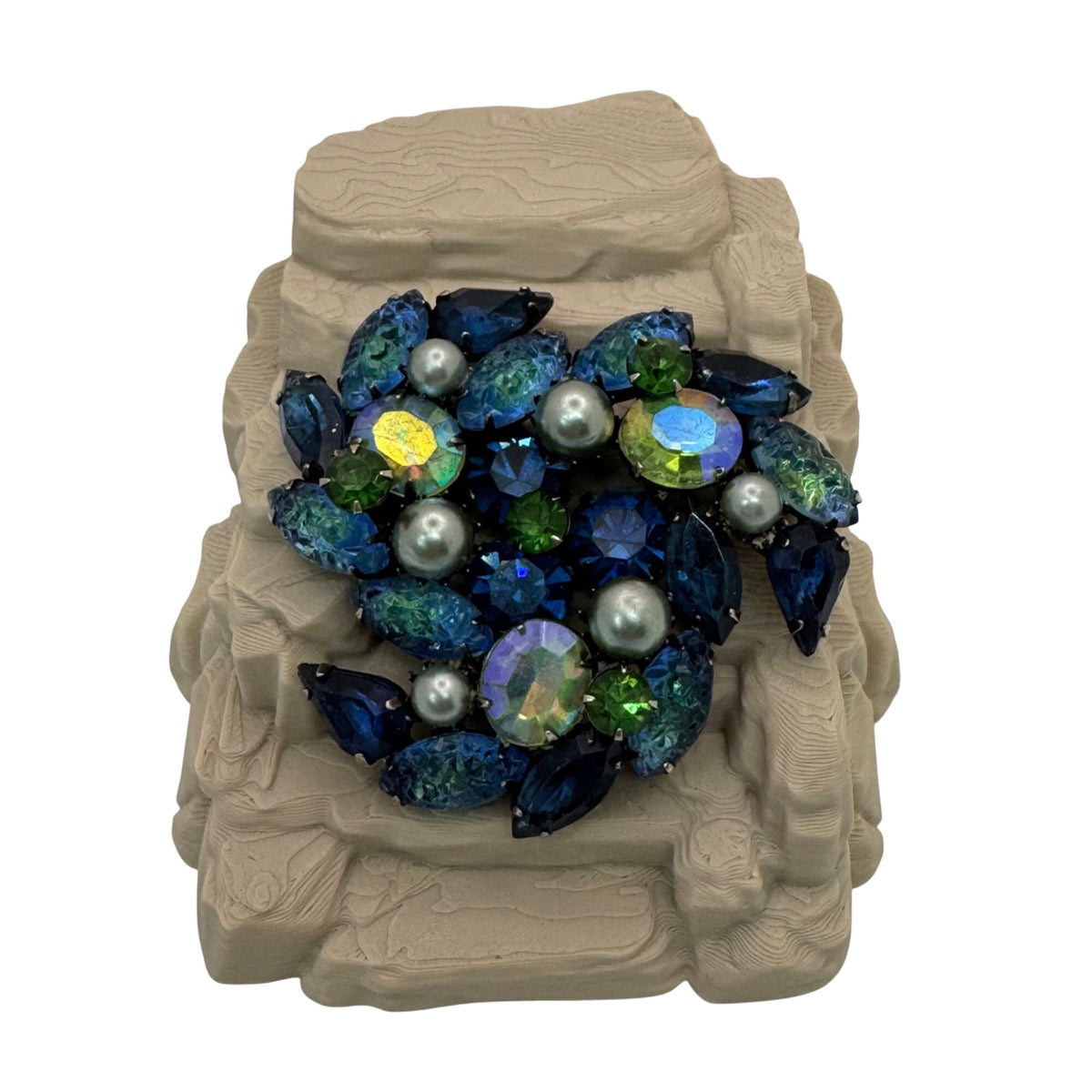Molded Glass AB Kramer Blue & Green Rhinestone Brooch Pearls Aurora Borealis 2"