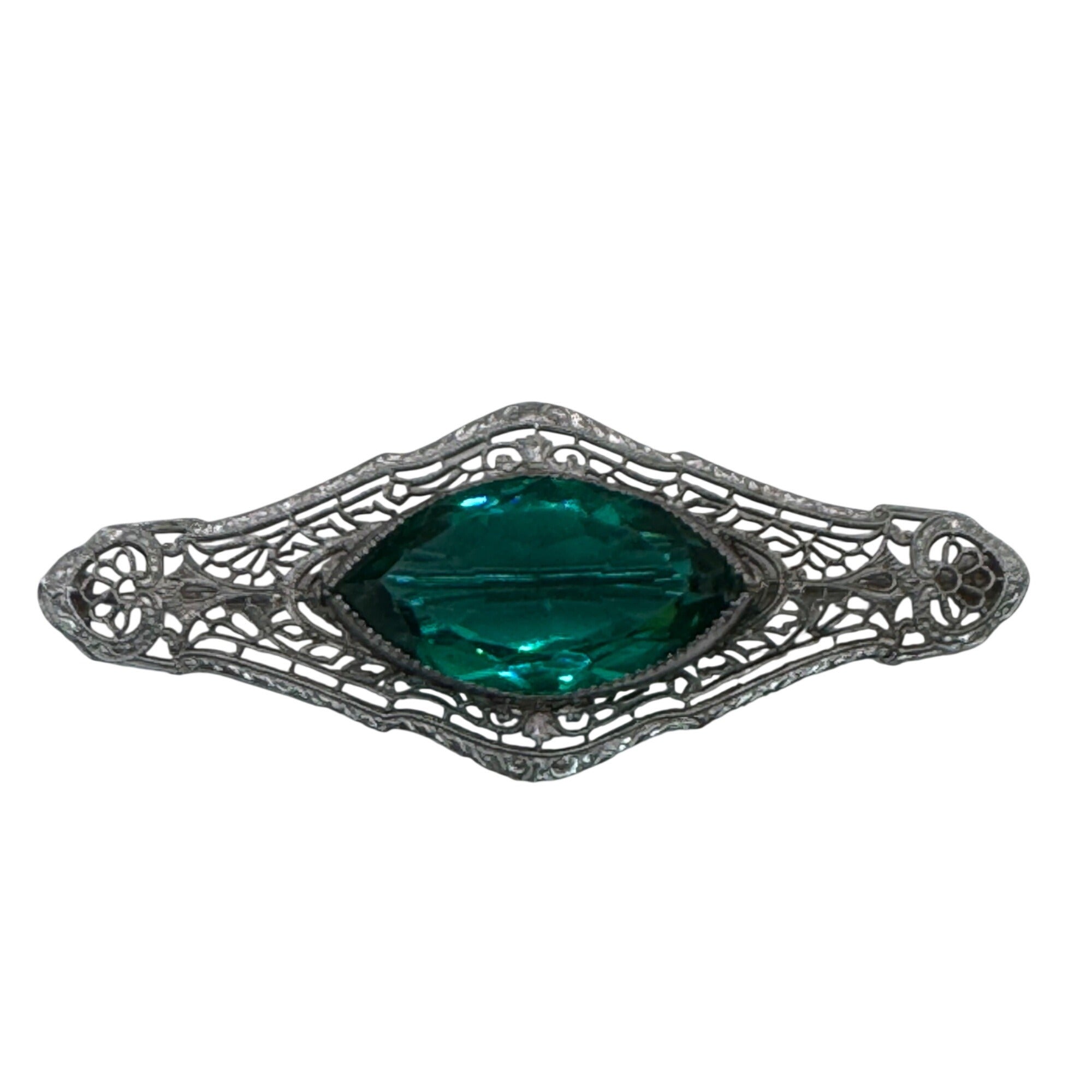 Antique 14k White Gold Filigree Brooch Emerald Green Glass Stone Art Deco 2.5"