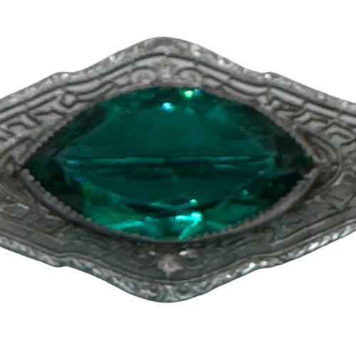 Antique 14k White Gold Filigree Brooch Emerald Green Glass Stone Art Deco 2.5"