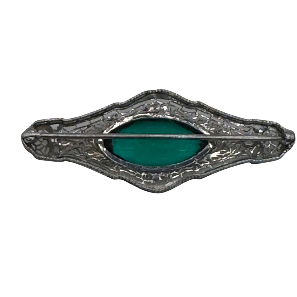 Antique 14k White Gold Filigree Brooch Emerald Green Glass Stone Art Deco 2.5"