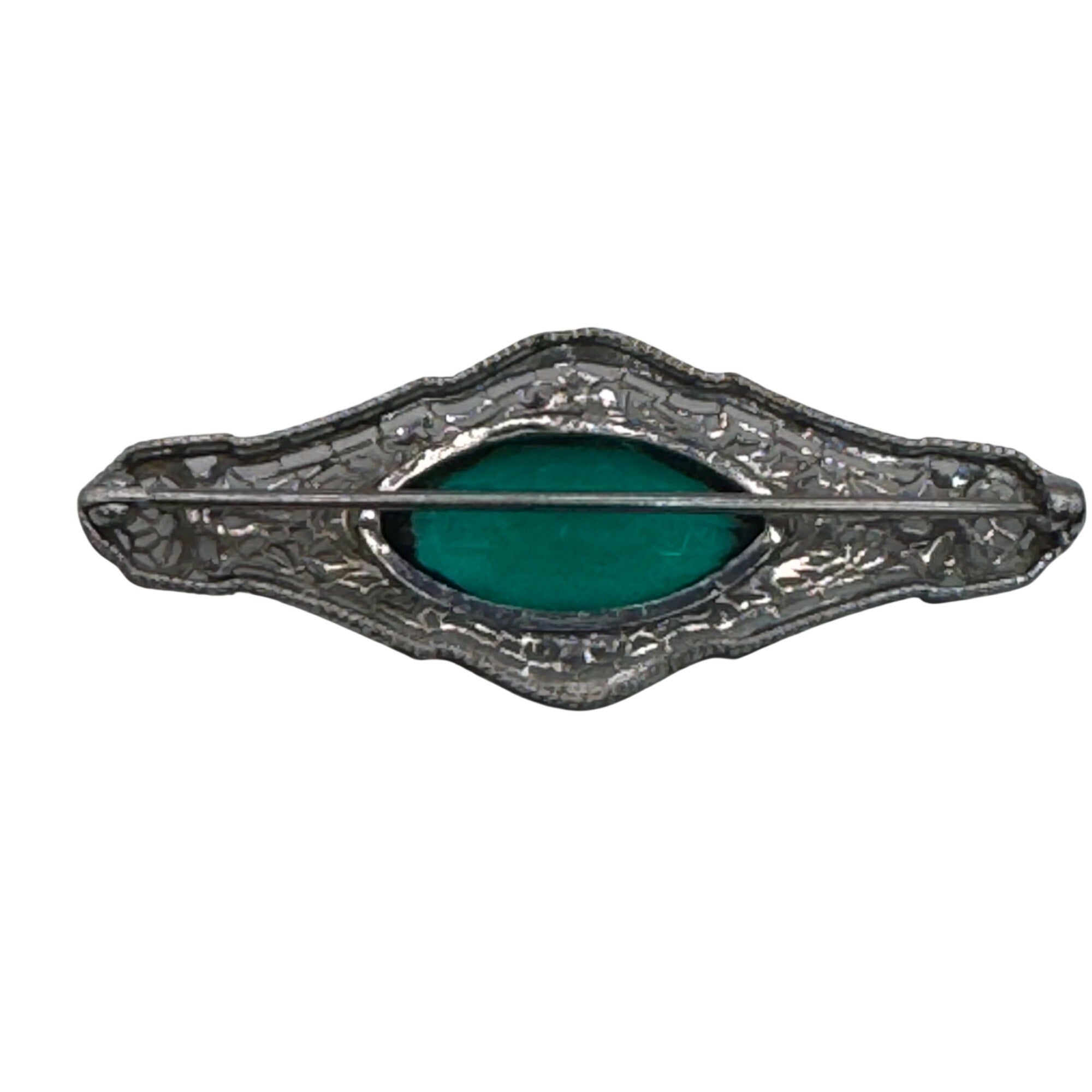 Antique 14k White Gold Filigree Brooch Emerald Green Glass Stone Art Deco 2.5"