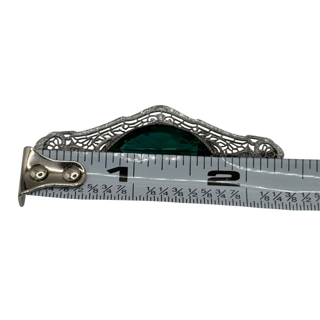 Antique 14k White Gold Filigree Brooch Emerald Green Glass Stone Art Deco 2.5"