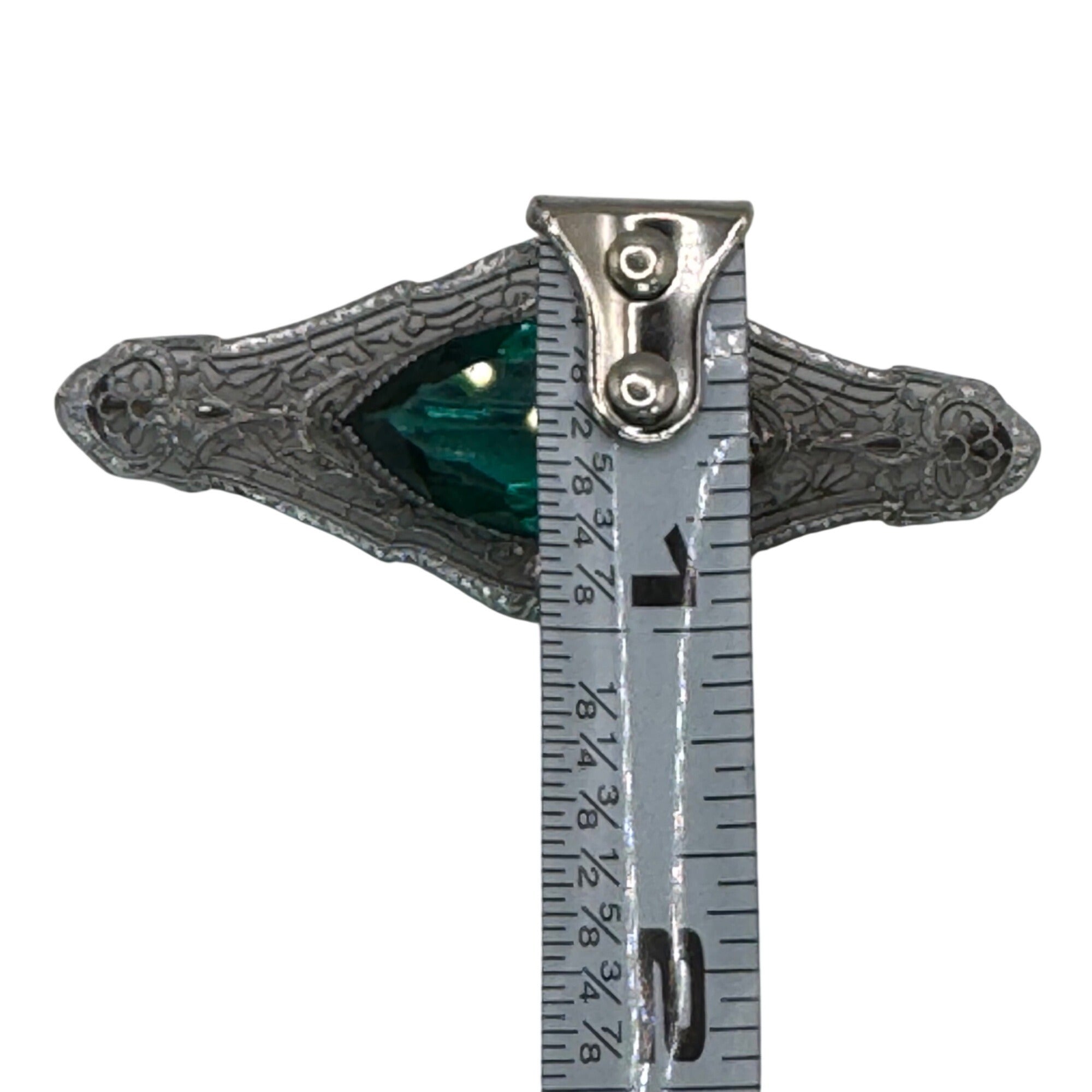 Antique 14k White Gold Filigree Brooch Emerald Green Glass Stone Art Deco 2.5"