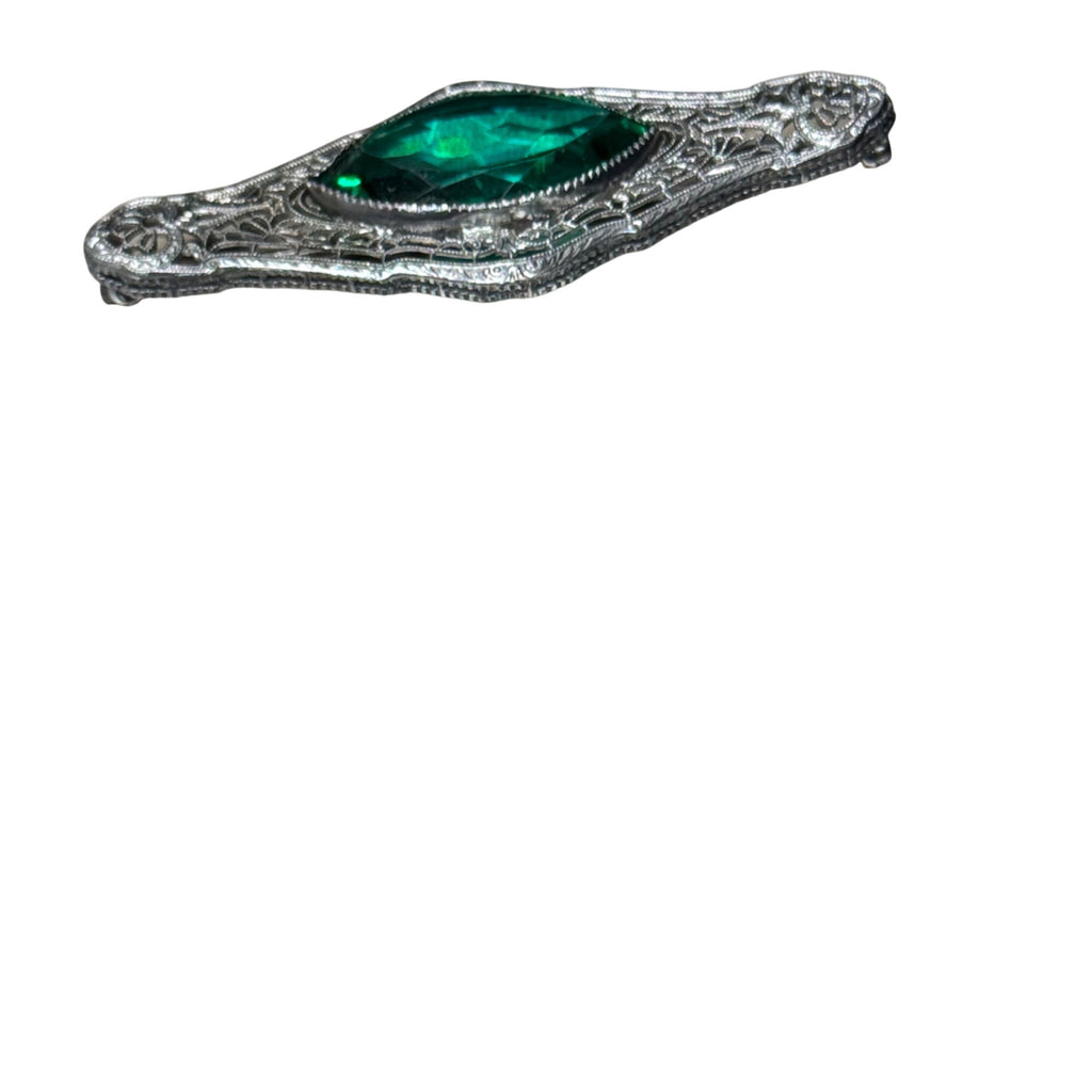 Antique 14k White Gold Filigree Brooch Emerald Green Glass Stone Art Deco 2.5"