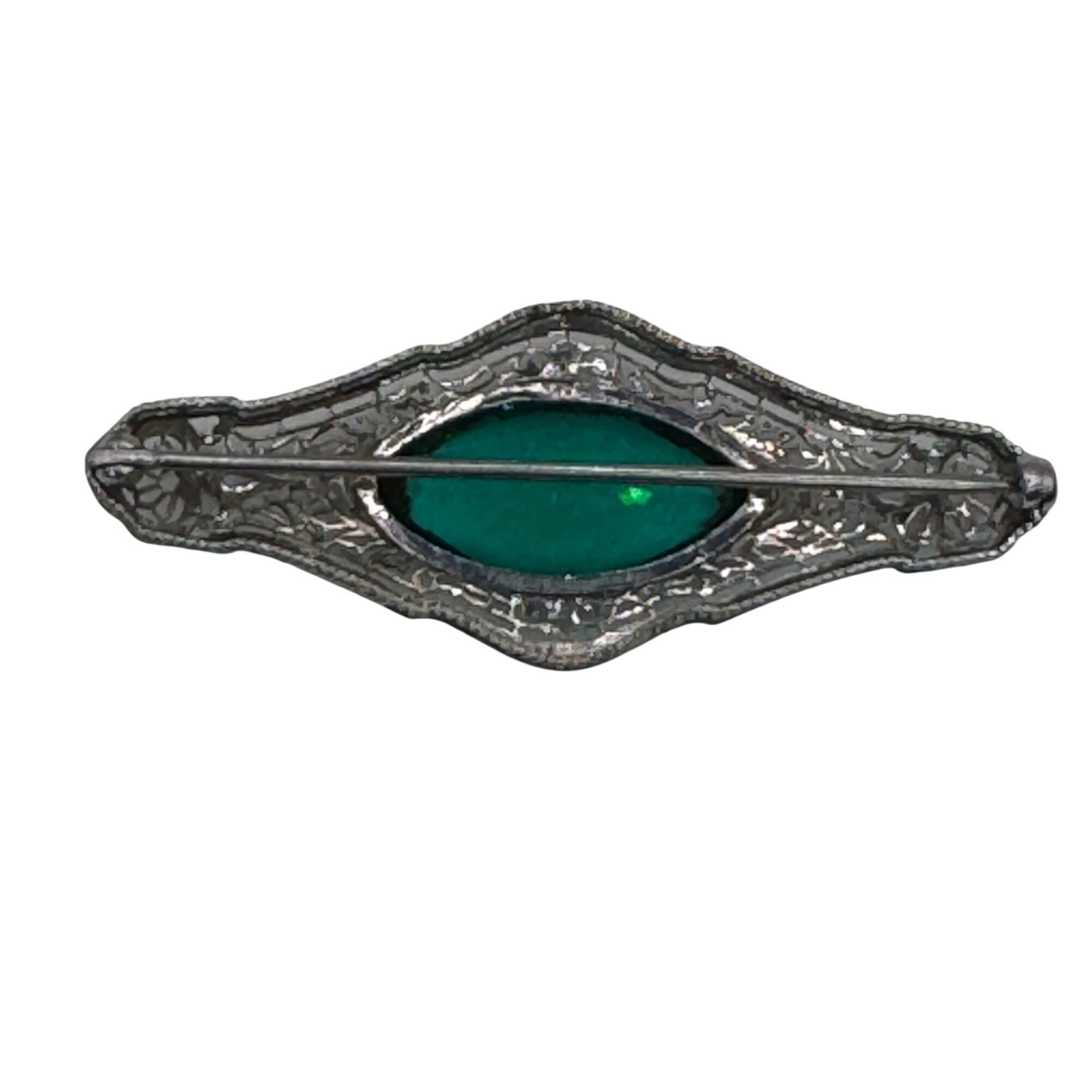 Antique 14k White Gold Filigree Brooch Emerald Green Glass Stone Art Deco 2.5"