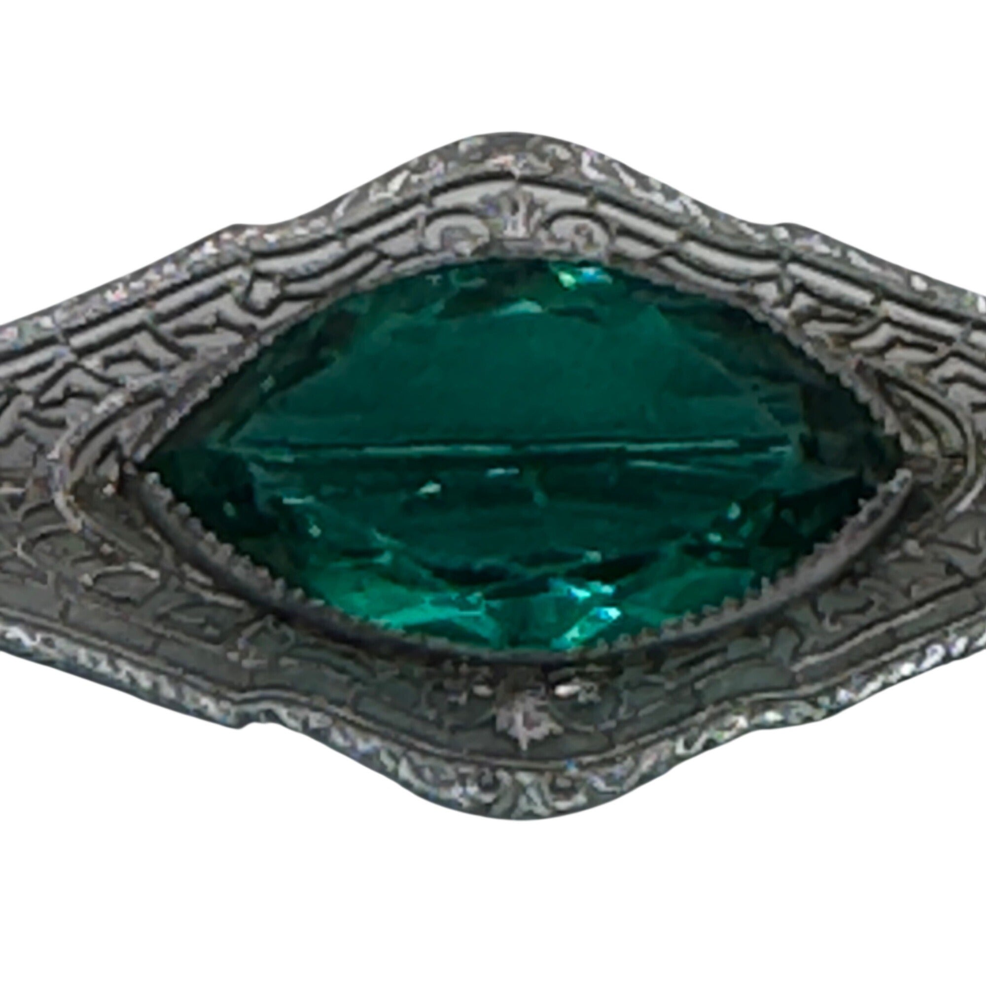 Antique 14k White Gold Filigree Brooch Emerald Green Glass Stone Art Deco 2.5"