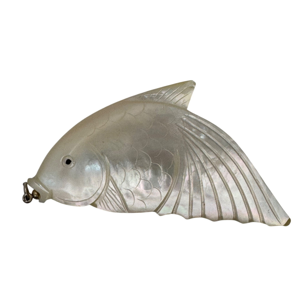 Vintage Large Fish Shaped Carved Mother Of Pearl Pendant 3" Koi Carp Fancy