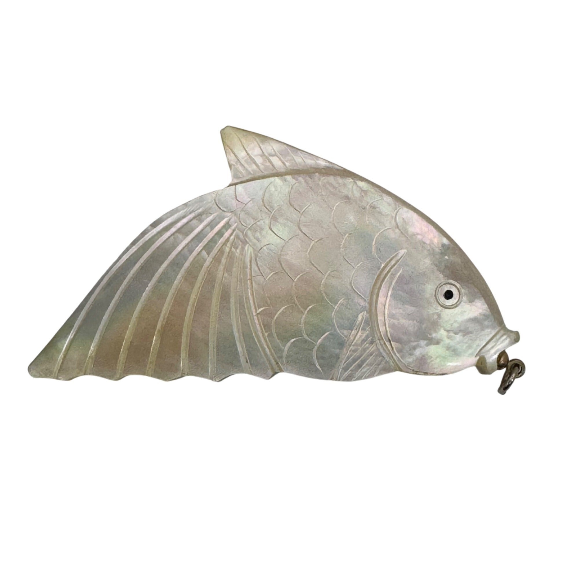 Vintage Large Fish Shaped Carved Mother Of Pearl Pendant 3" Koi Carp Fancy