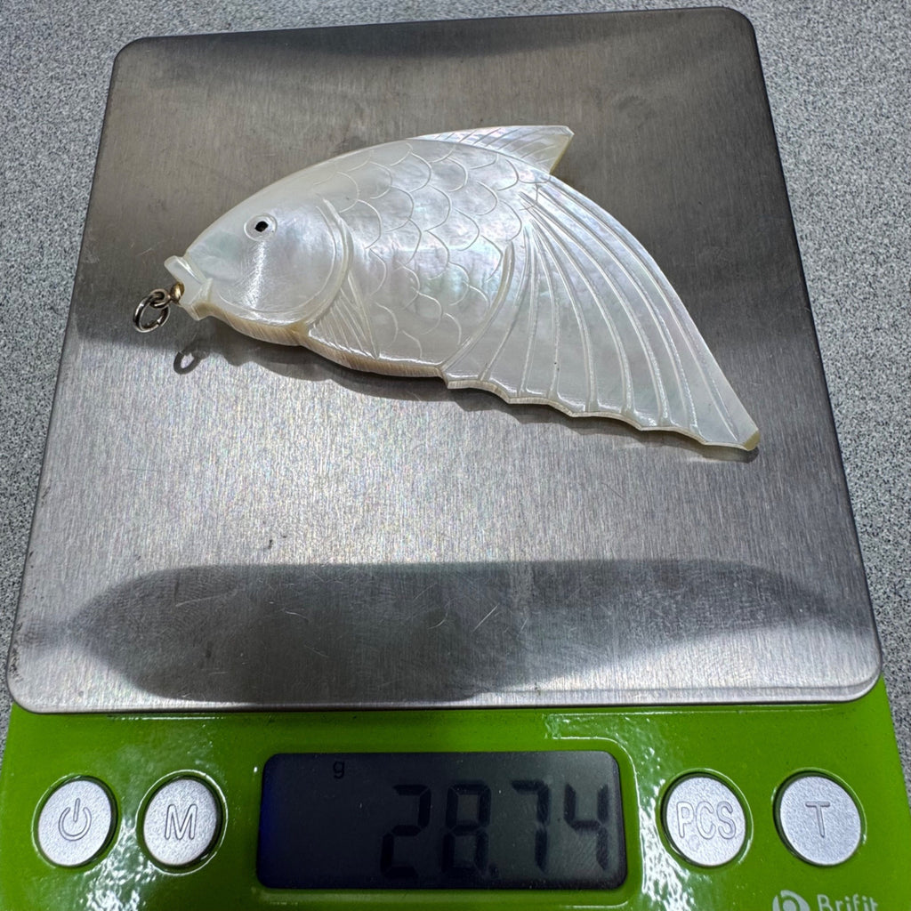 Vintage Large Fish Shaped Carved Mother Of Pearl Pendant 3" Koi Carp Fancy