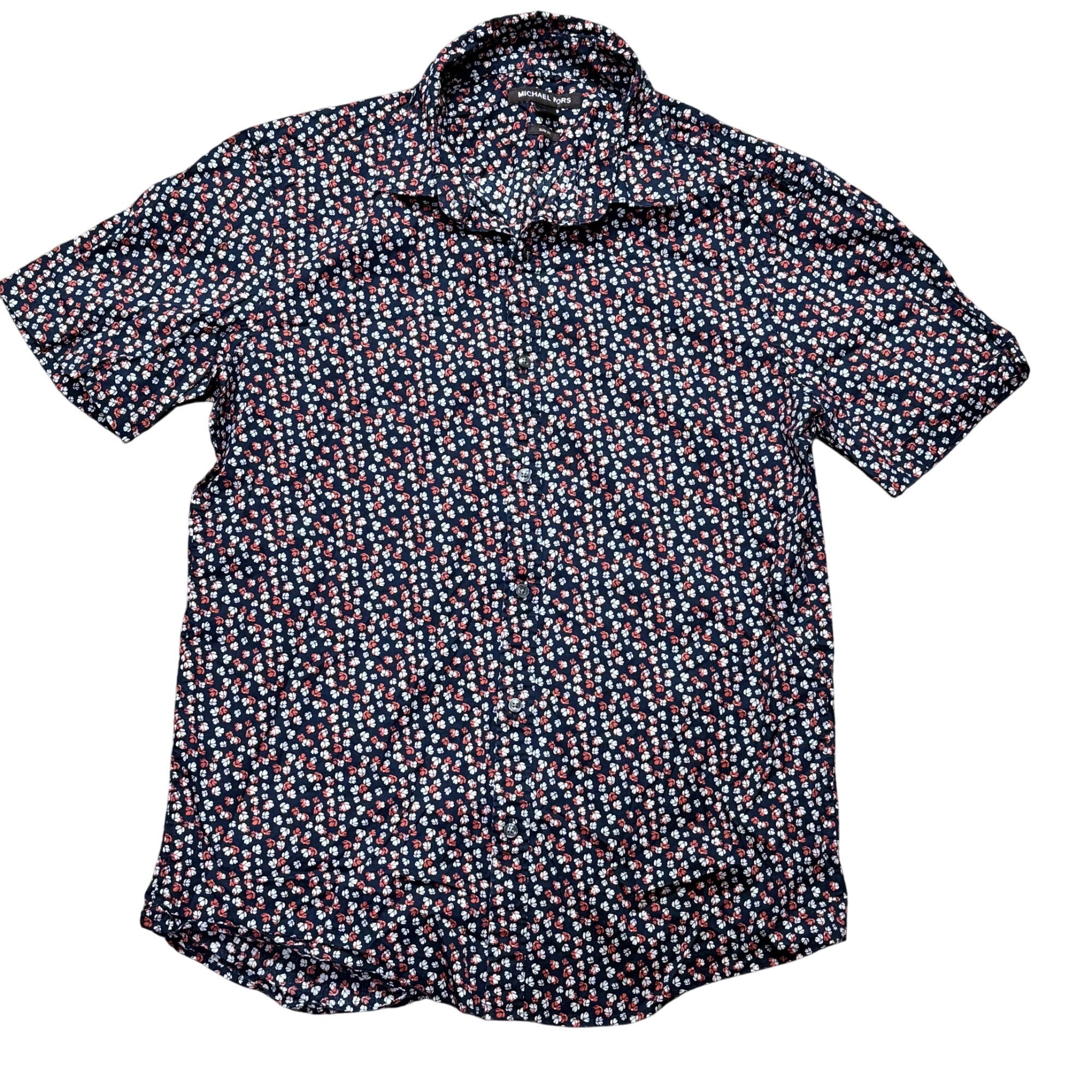 Michael Kors Mens Slim Fit Floral Short Sleeve Shirt Navy Blue Red White Size L