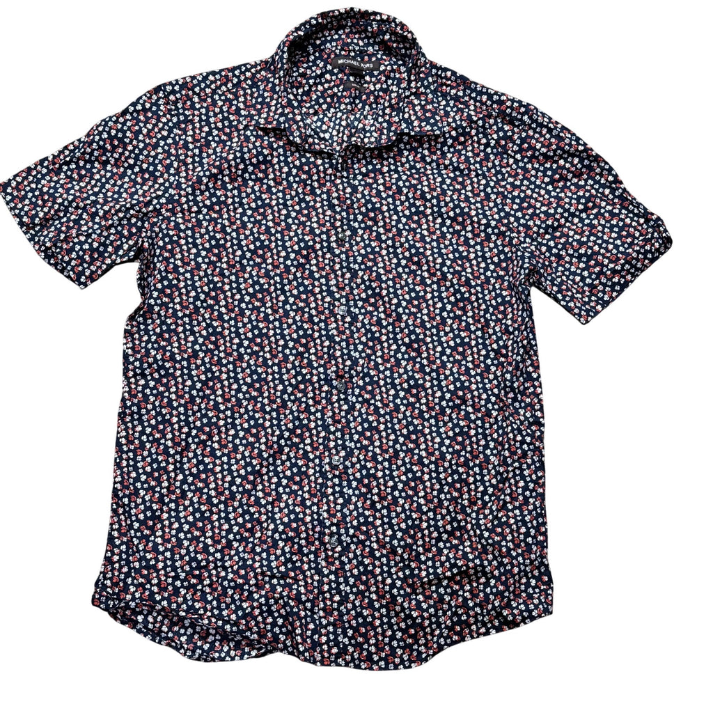 Michael Kors Mens Slim Fit Floral Short Sleeve Shirt Navy Blue Red White Size L