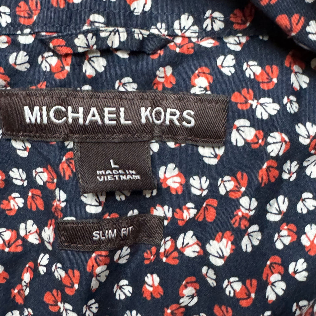 Michael Kors Mens Slim Fit Floral Short Sleeve Shirt Navy Blue Red White Size L