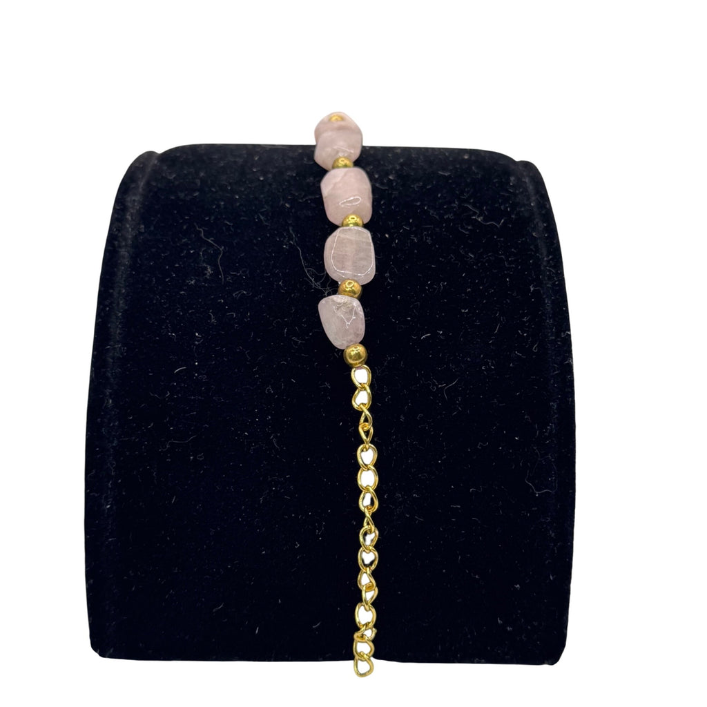 Vintage Natural Rose Quartz Bracelet Gold-Tone 9-11" Anklet Natural Stone Beach
