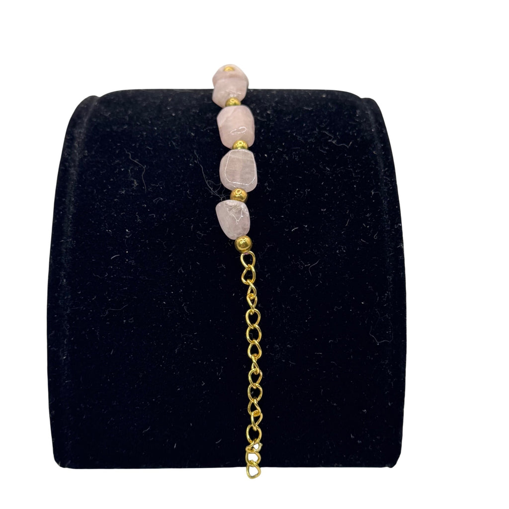 Vintage Natural Rose Quartz Bracelet Gold-Tone 9-11" Anklet Natural Stone Beach