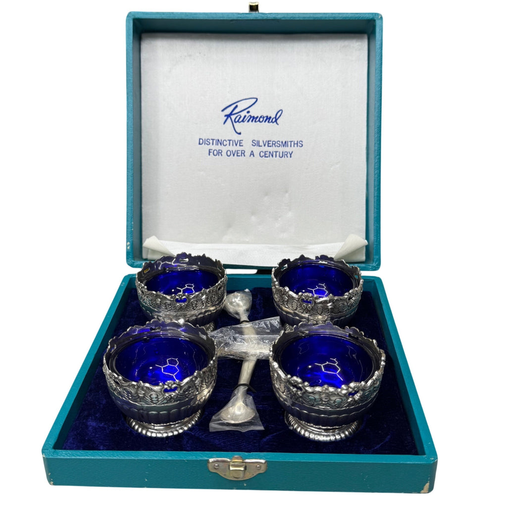 Vintage Raimond Silversmiths Cobalt Blue Glass Salt Cellars w/ Spoons Caviar NEW