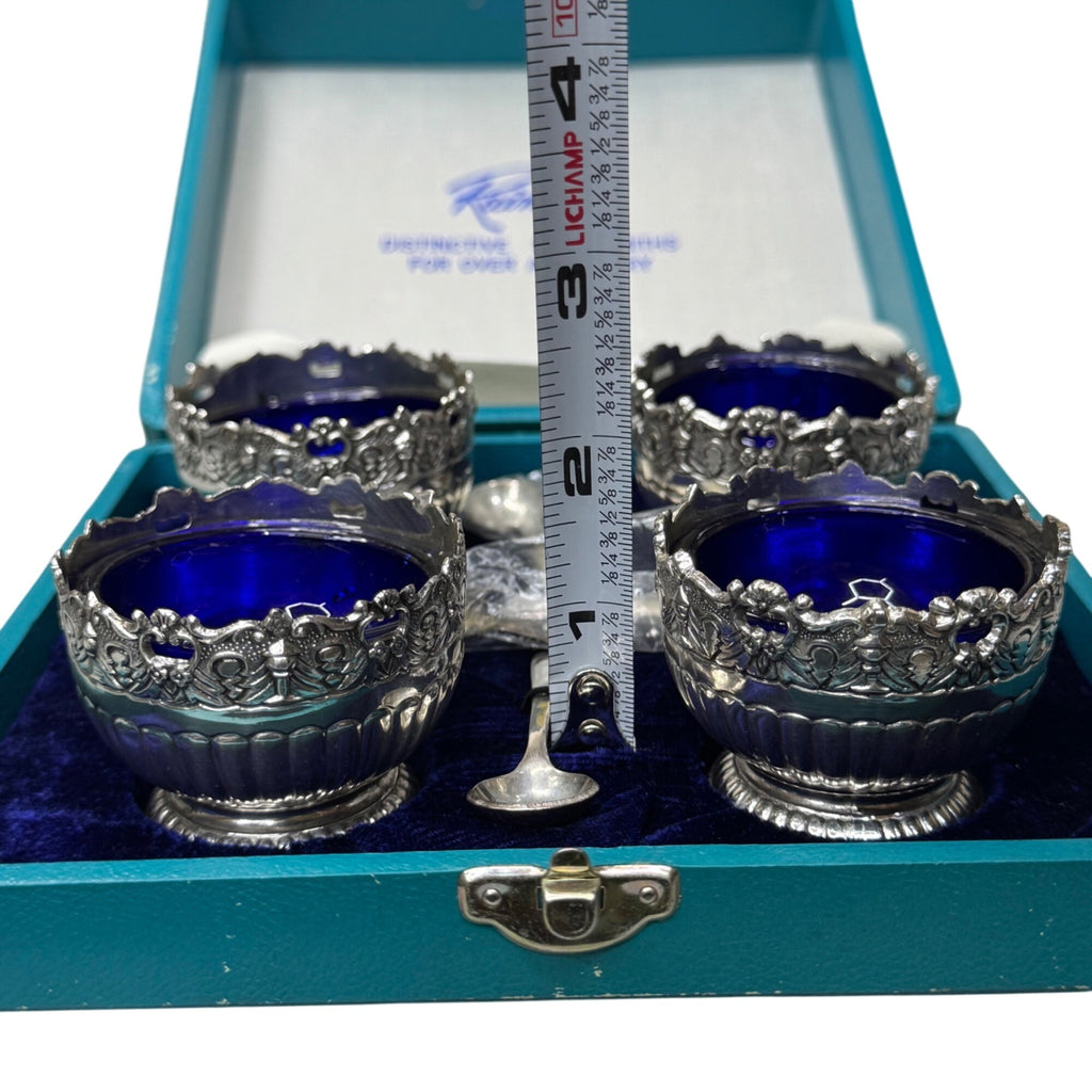 Vintage Raimond Silversmiths Cobalt Blue Glass Salt Cellars w/ Spoons Caviar NEW