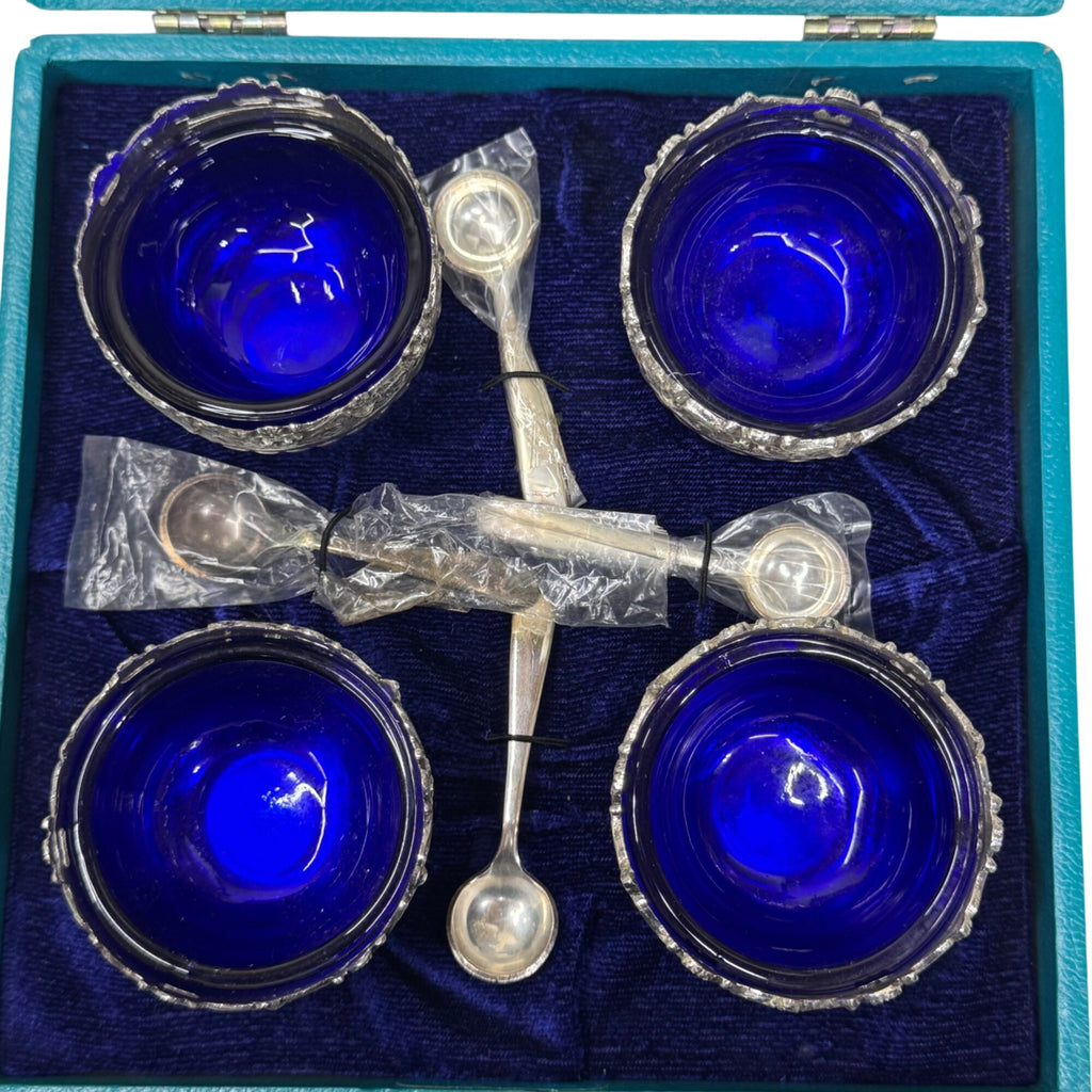 Vintage Raimond Silversmiths Cobalt Blue Glass Salt Cellars w/ Spoons Caviar NEW