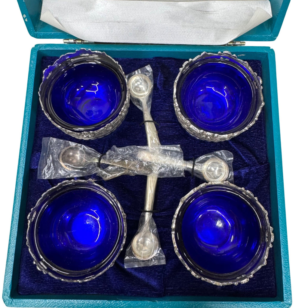 Vintage Raimond Silversmiths Cobalt Blue Glass Salt Cellars w/ Spoons Caviar NEW