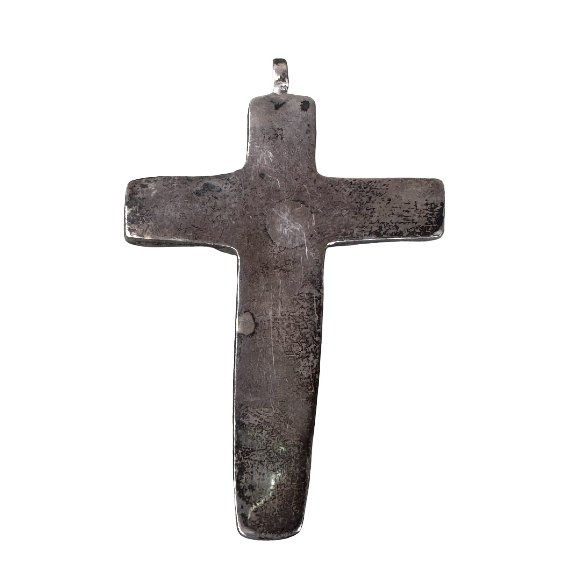 3" Fred Harvey Era Old Pawn Turquoise Chip Inlay Large Cross Pendant Sterling Silver Southwestern