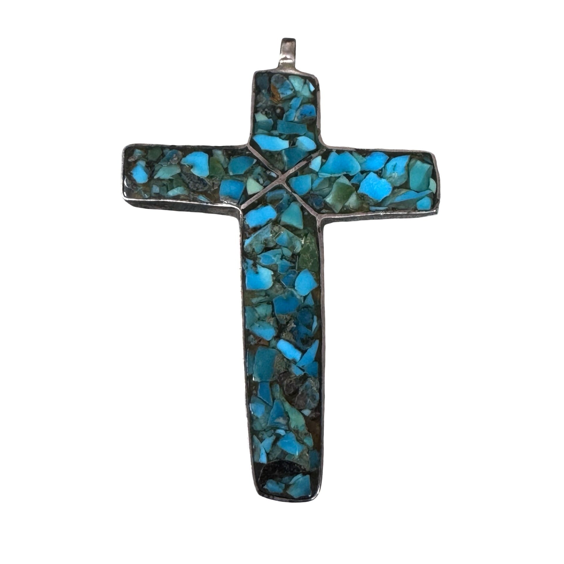 3" Fred Harvey Era Old Pawn Turquoise Chip Inlay Large Cross Pendant Sterling Silver Southwestern