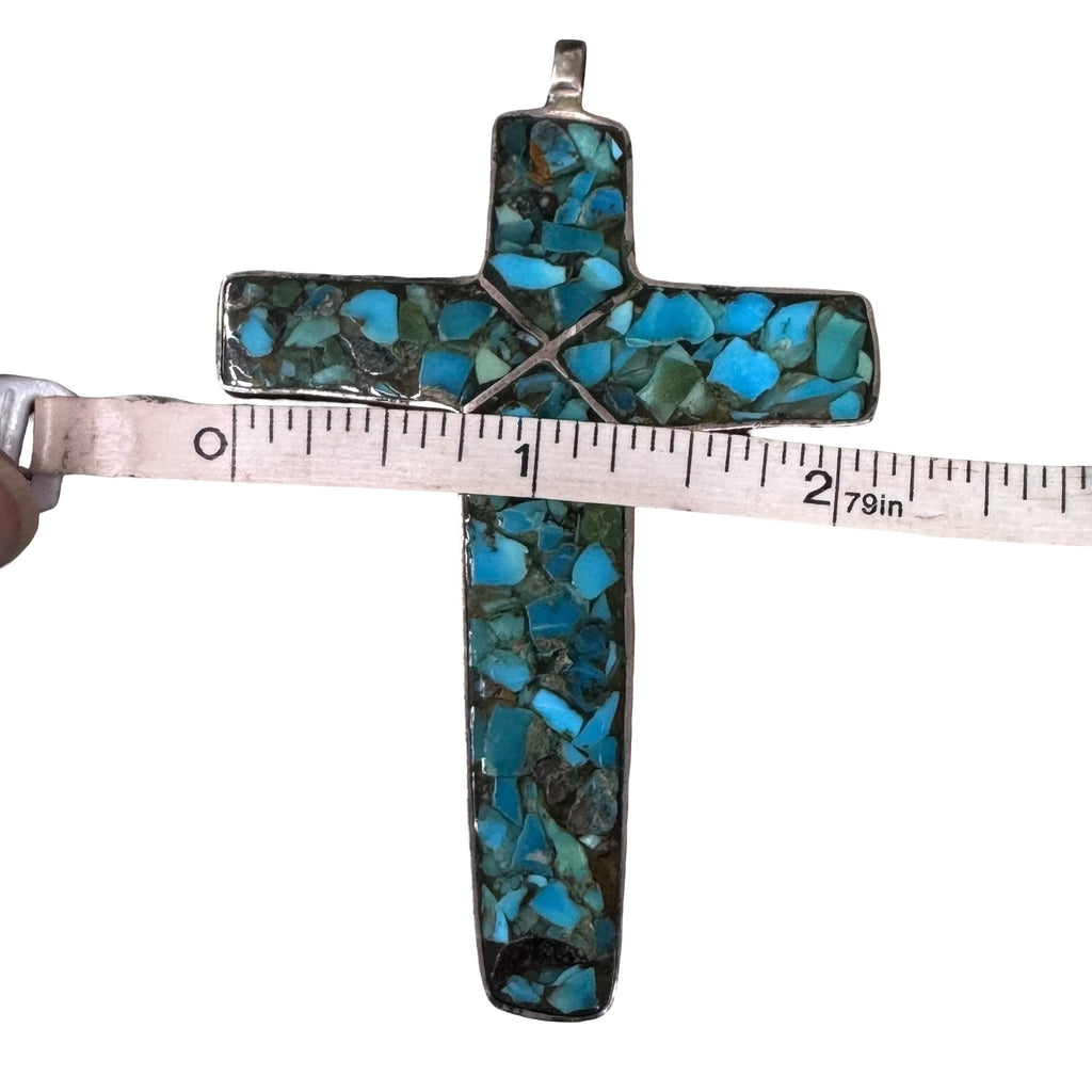 3" Fred Harvey Era Old Pawn Turquoise Chip Inlay Large Cross Pendant Sterling Silver Southwestern