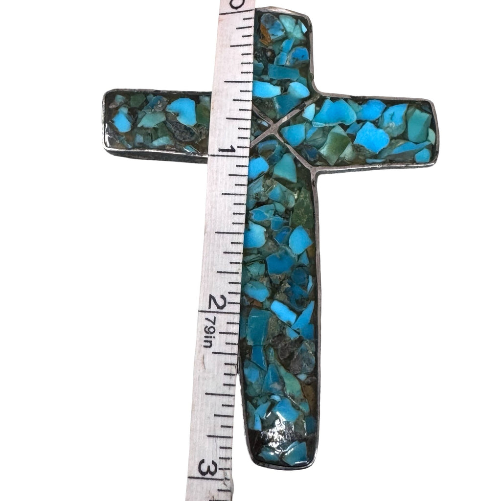 3" Fred Harvey Era Old Pawn Turquoise Chip Inlay Large Cross Pendant Sterling Silver Southwestern