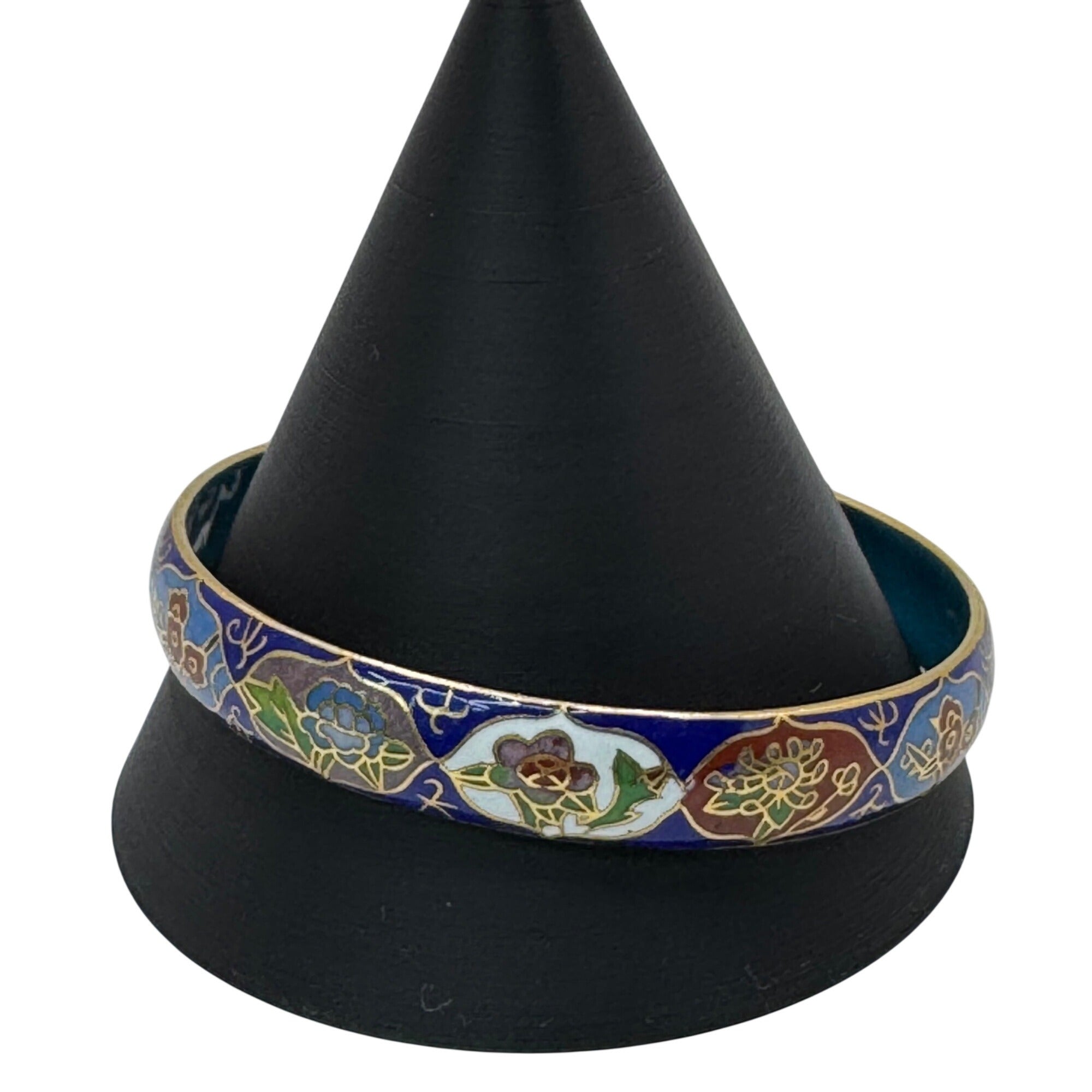 Vintage Cloisonné Floral Bangle Bracelet Gold Trim Made Beijing China 8" Enamel