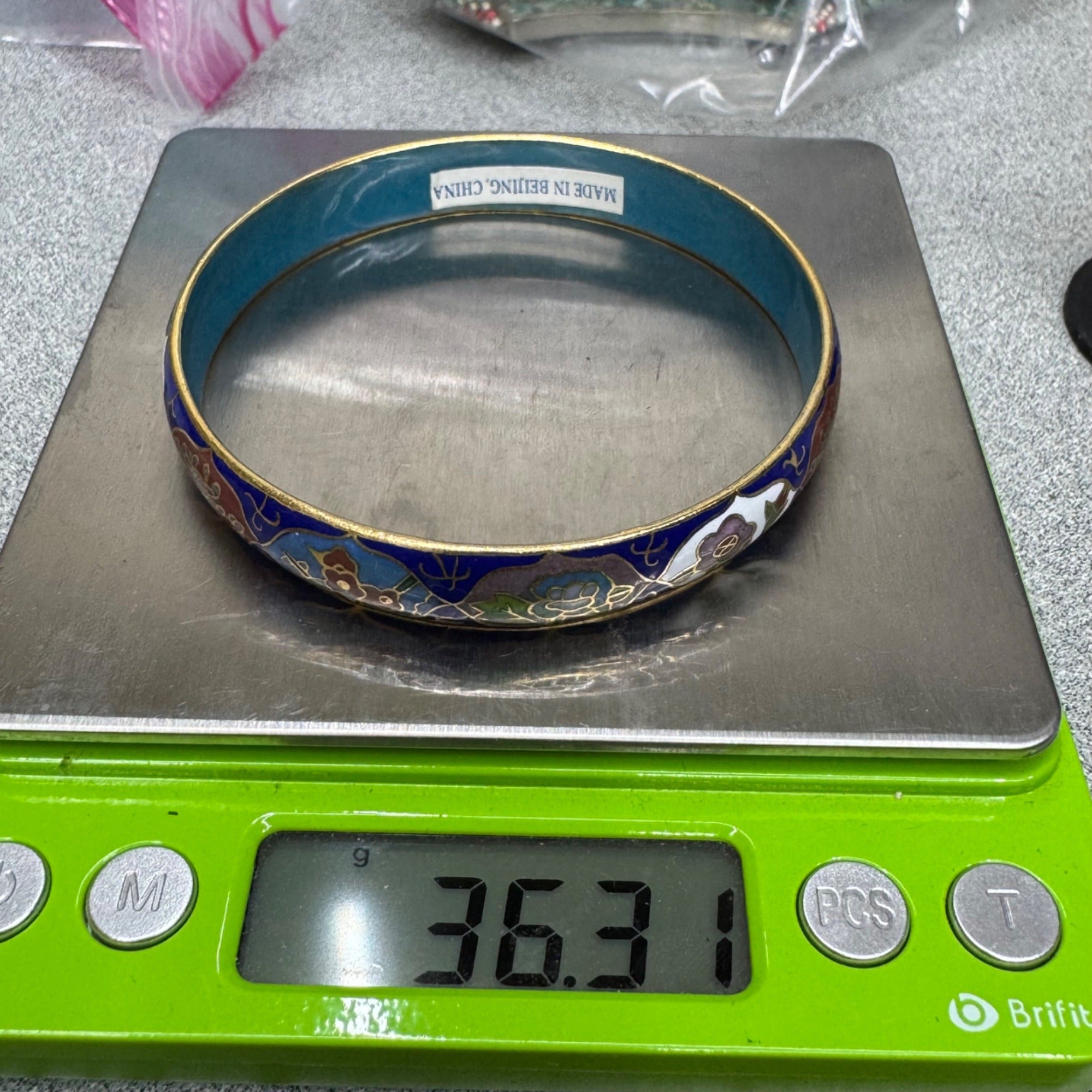 Vintage Cloisonné Floral Bangle Bracelet Gold Trim Made Beijing China 8" Enamel