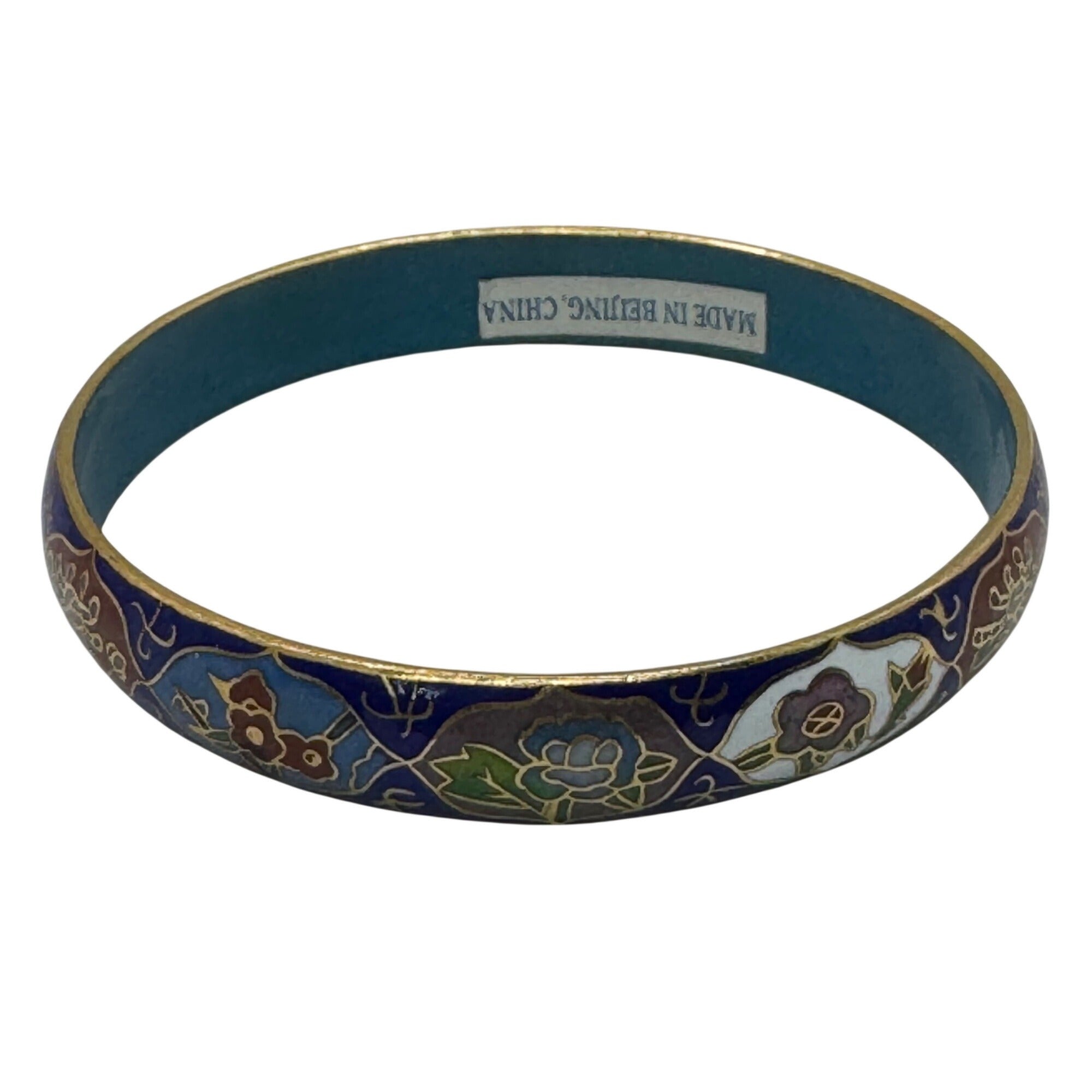 Vintage Cloisonné Floral Bangle Bracelet Gold Trim Made Beijing China 8" Enamel