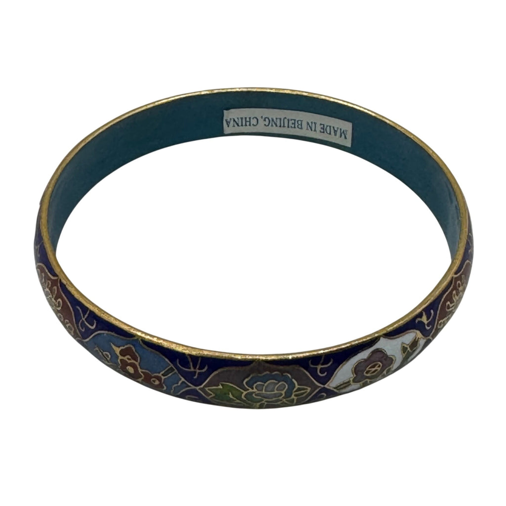 Vintage Cloisonné Floral Bangle Bracelet Gold Trim Made Beijing China 8" Enamel