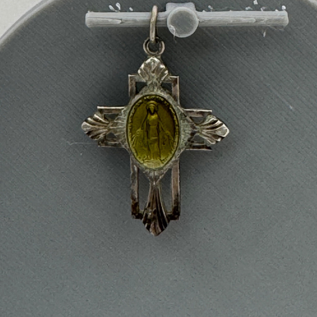 Miraculous Mary Enamel Sterling Silver Cross Pendant Virgin Mary Medal 1.5" Vtg