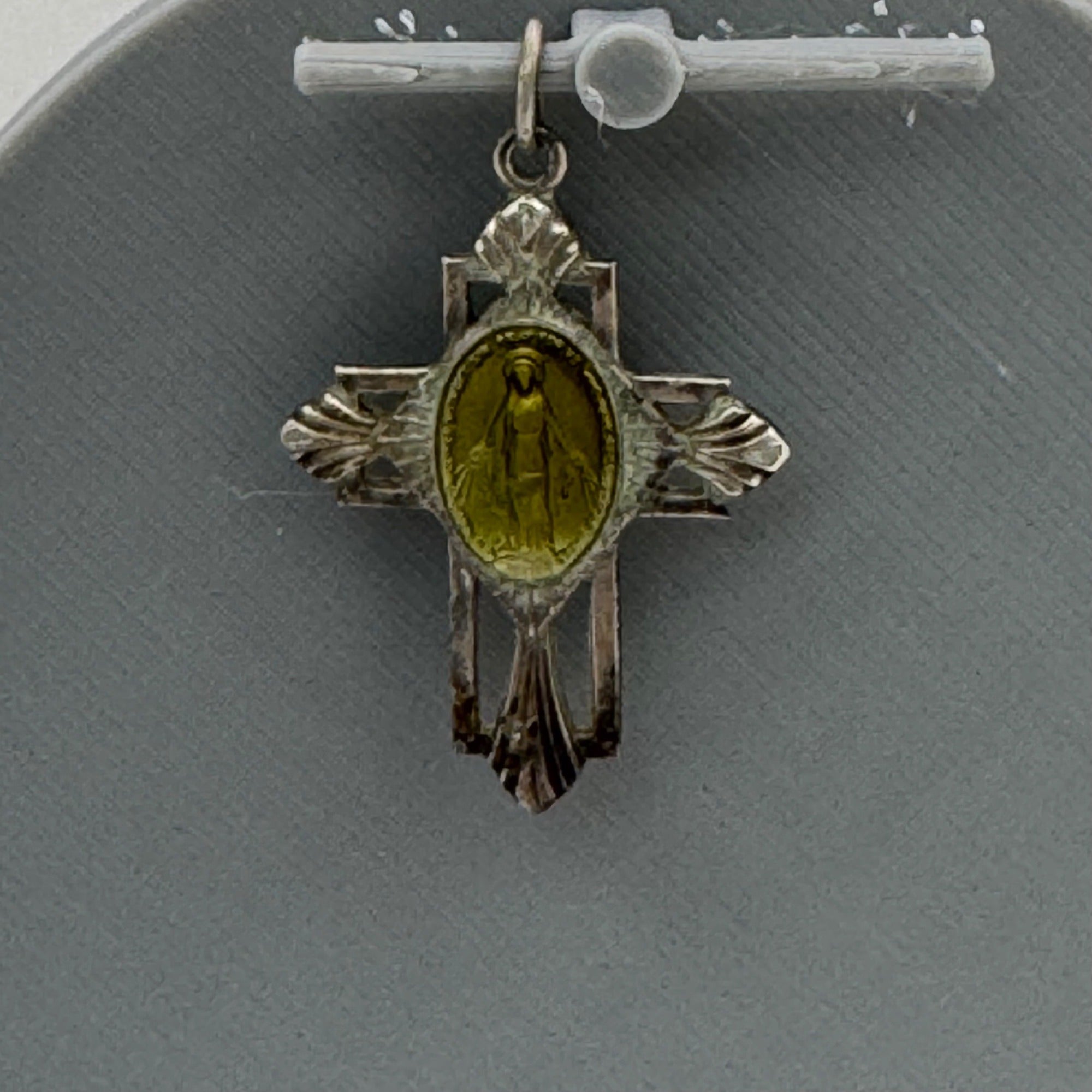 Miraculous Mary Enamel Sterling Silver Cross Pendant Virgin Mary Medal 1.5" Vtg