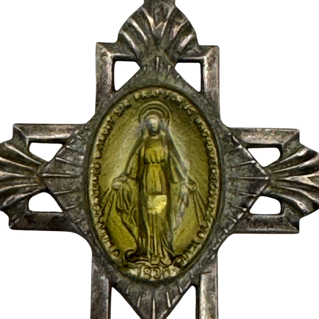 Miraculous Mary Enamel Sterling Silver Cross Pendant Virgin Mary Medal 1.5" Vtg