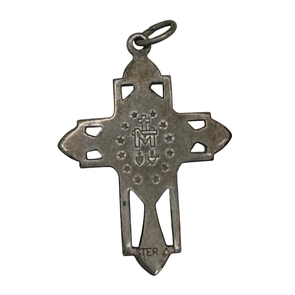 Miraculous Mary Enamel Sterling Silver Cross Pendant Virgin Mary Medal 1.5" Vtg