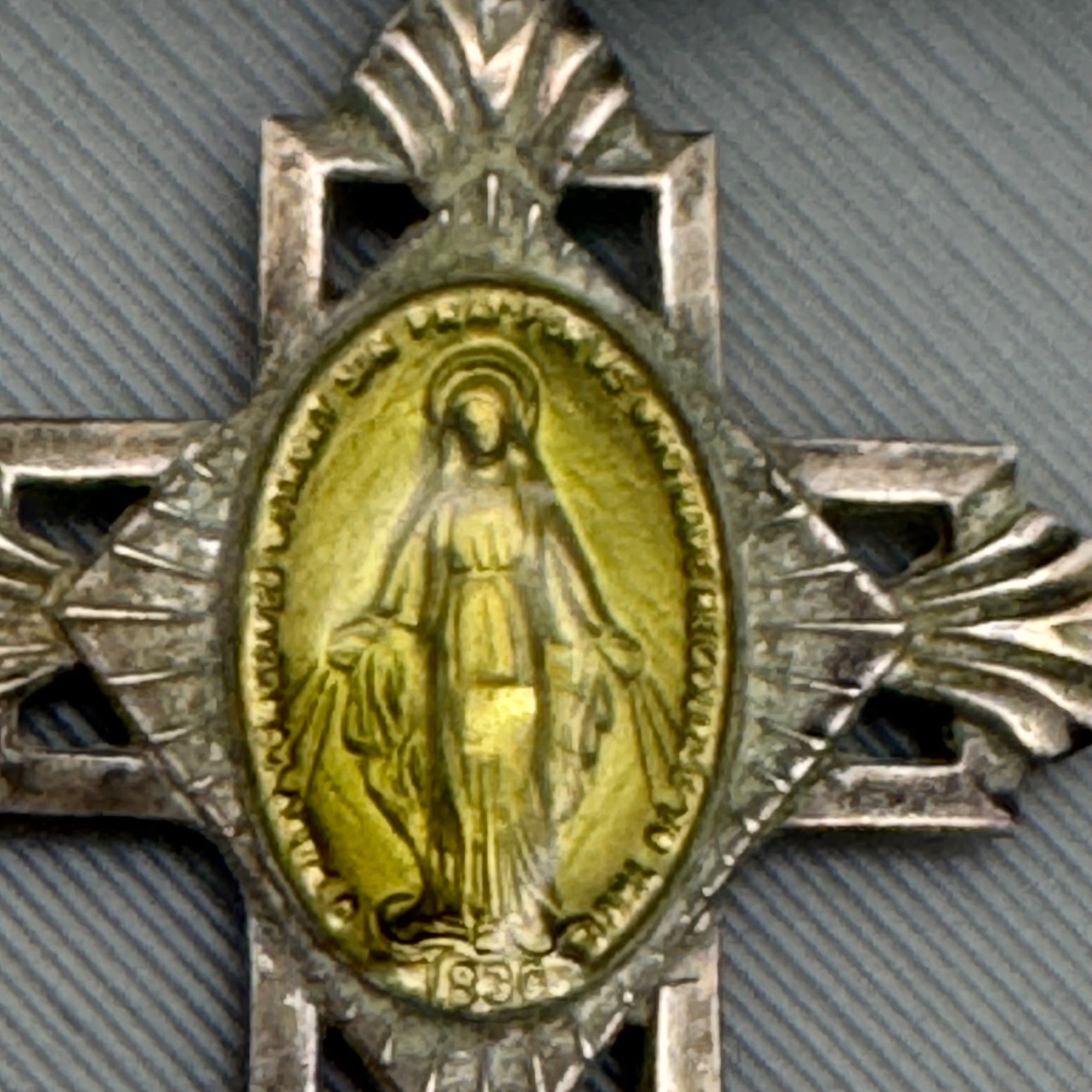 Miraculous Mary Enamel Sterling Silver Cross Pendant Virgin Mary Medal 1.5" Vtg