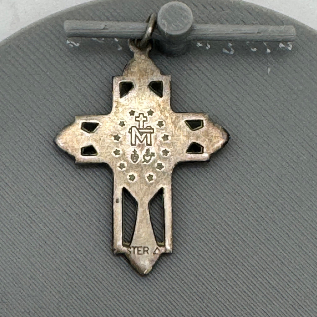 Miraculous Mary Enamel Sterling Silver Cross Pendant Virgin Mary Medal 1.5" Vtg