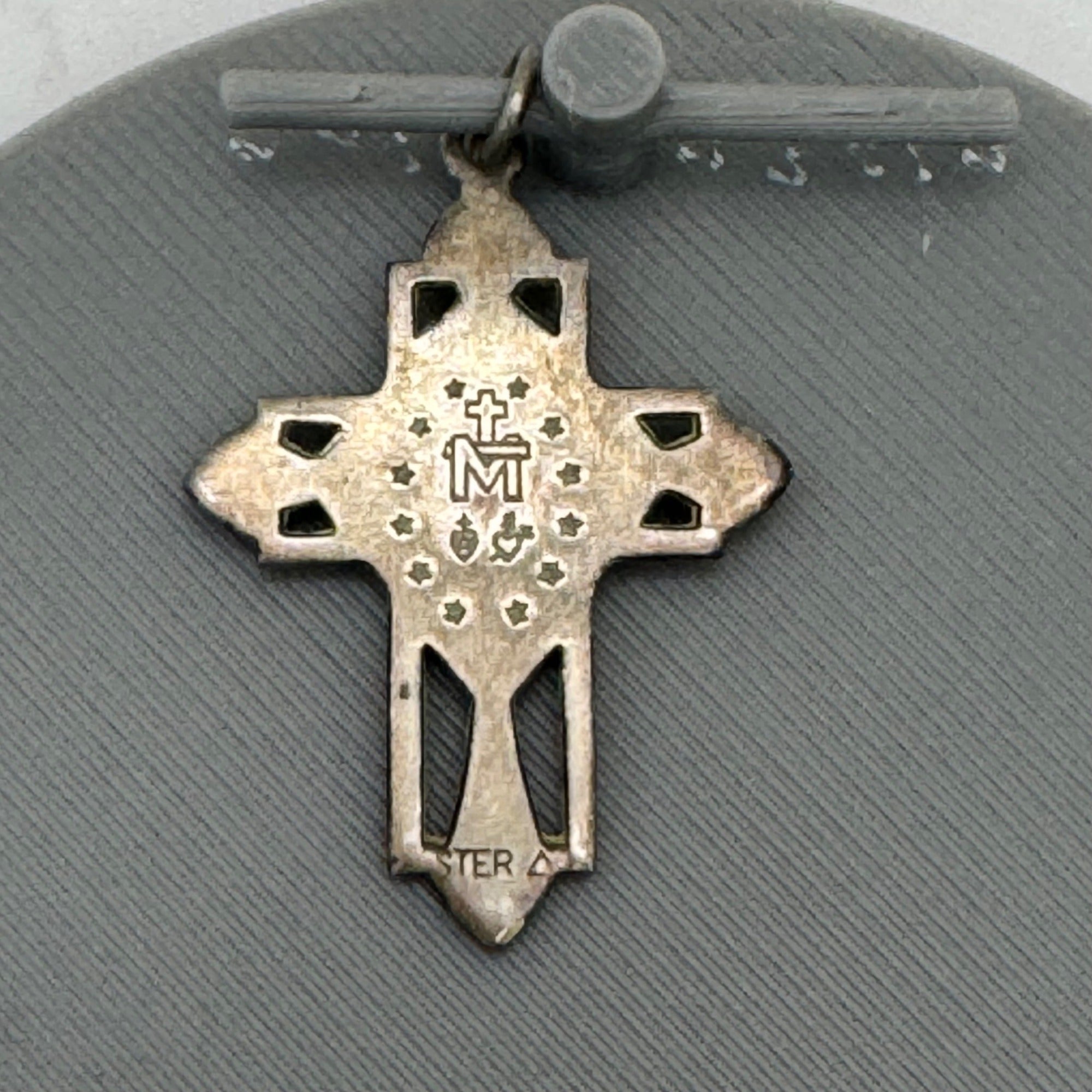 Miraculous Mary Enamel Sterling Silver Cross Pendant Virgin Mary Medal 1.5" Vtg