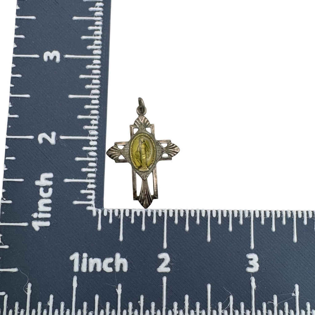 Miraculous Mary Enamel Sterling Silver Cross Pendant Virgin Mary Medal 1.5" Vtg