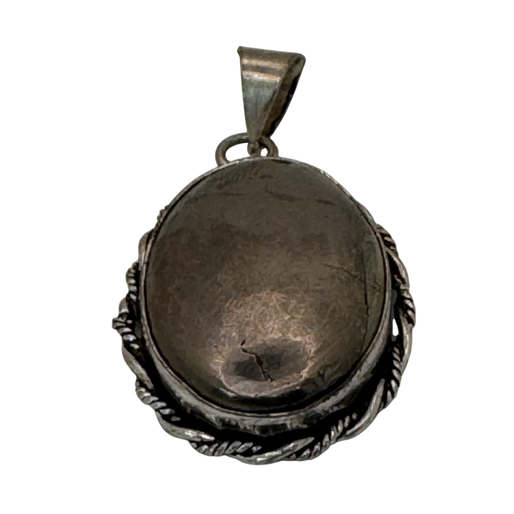 Vintage Large Sterling Silver Oval Hematite Southwest Pendant 1.25" Rope Border