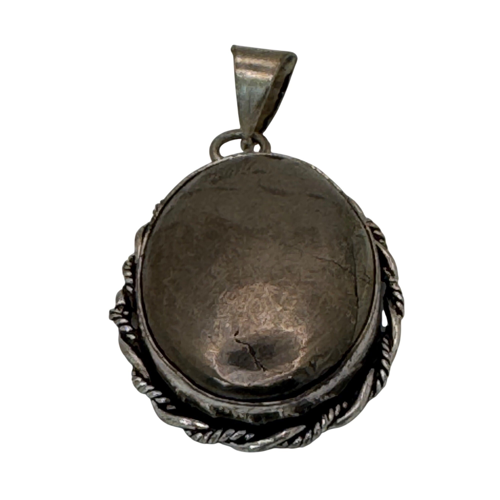 Vintage Large Sterling Silver Oval Hematite Southwest Pendant 1.25" Rope Border