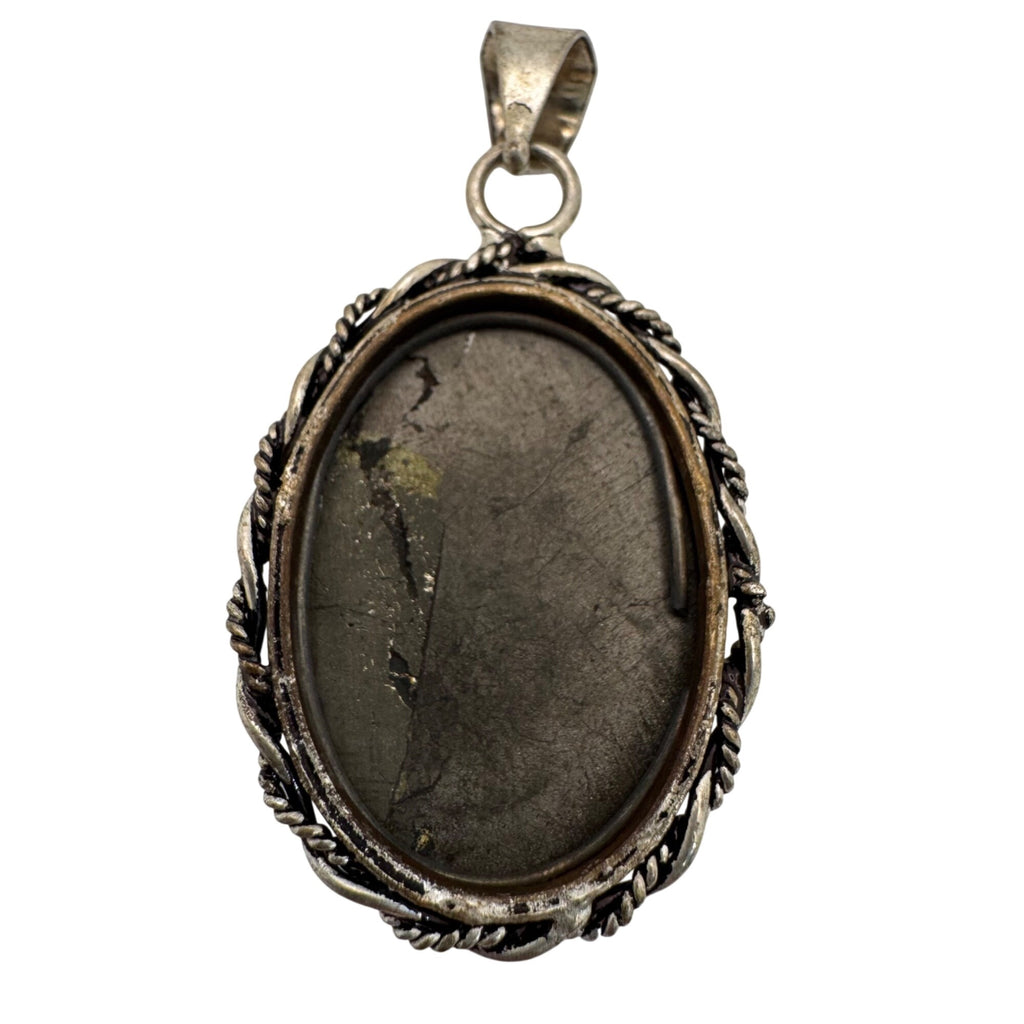 Vintage Large Sterling Silver Oval Hematite Southwest Pendant 1.25" Rope Border