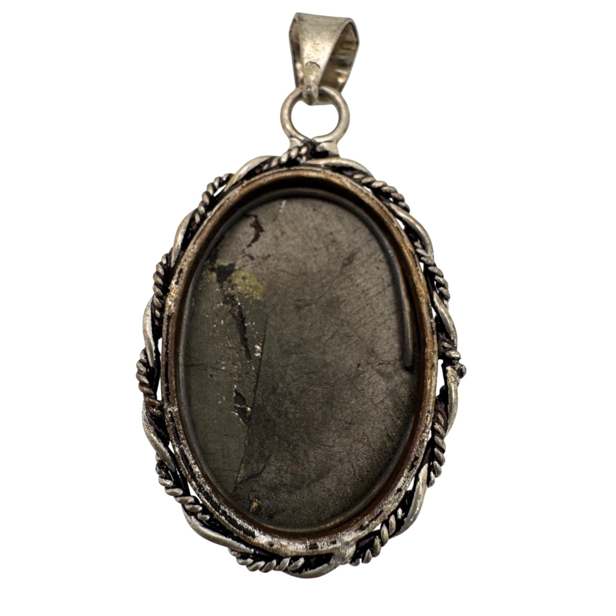 Vintage Large Sterling Silver Oval Hematite Southwest Pendant 1.25" Rope Border
