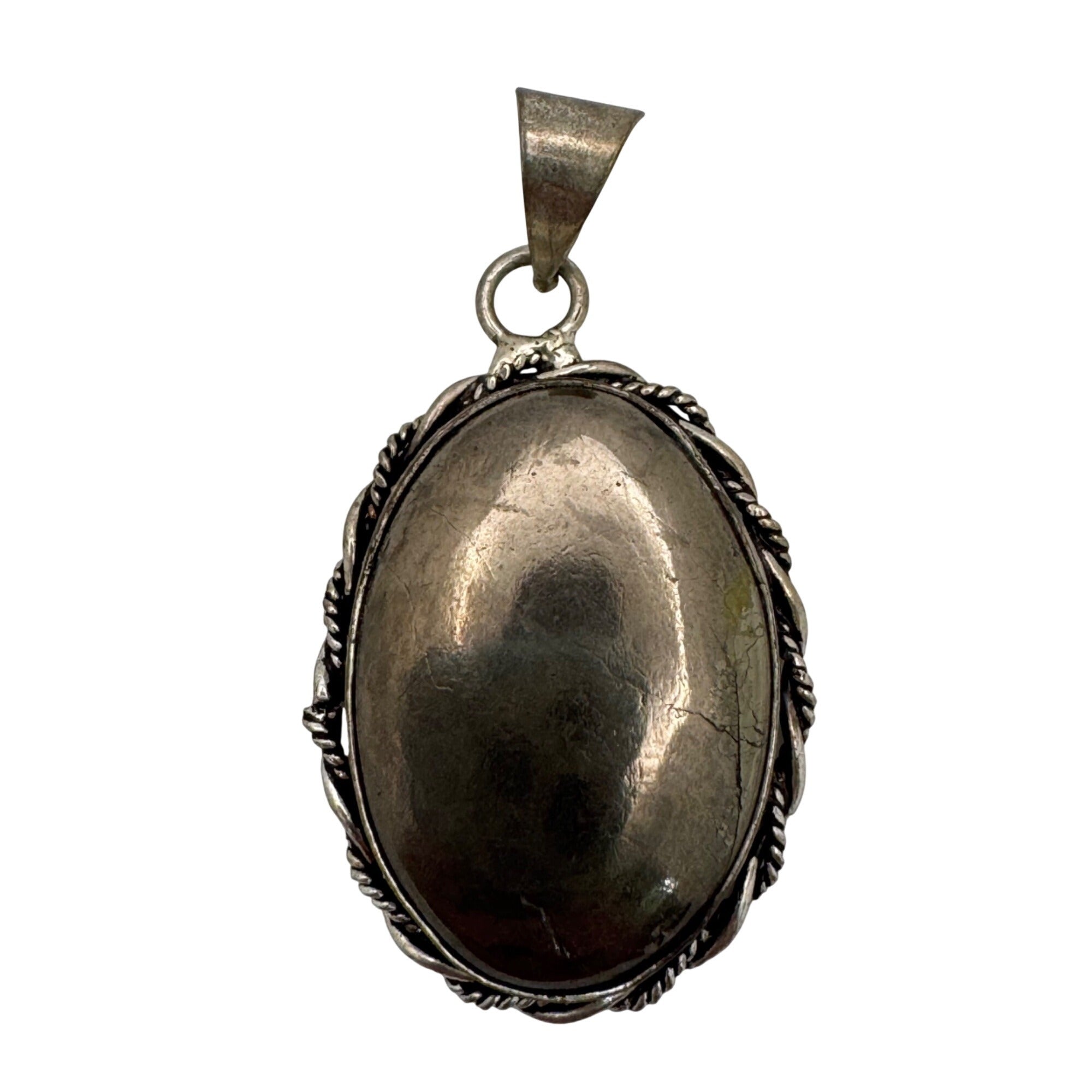 Vintage Large Sterling Silver Oval Hematite Southwest Pendant 1.25" Rope Border