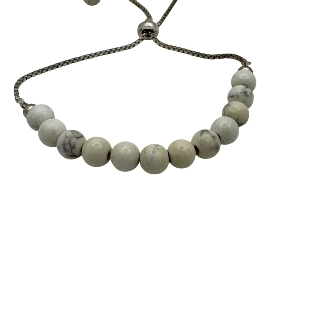 White Buffalo Howlite Bracelet Beaded Adjustable Sterling Silver Snake 6" 7" 8"