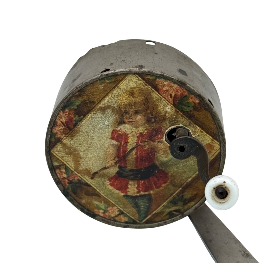 Antique Manivelle French Hand-crank Music Box Tin Victorian Child Floral 3" READ